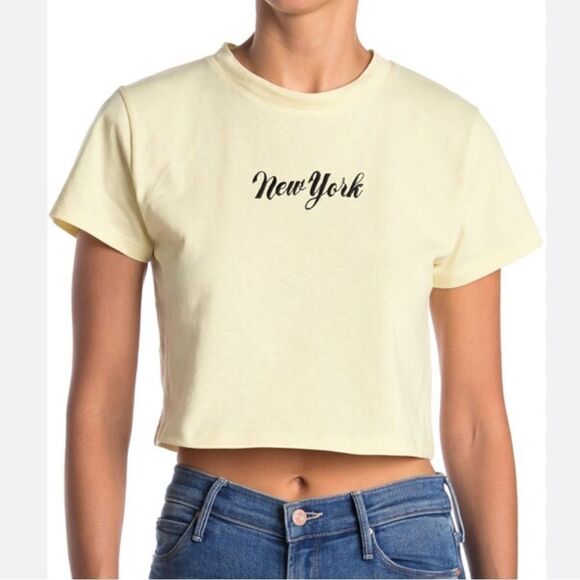 Topshop Tops - TOPSHOP 4 Pastel Yellow Black Embroidered New York Short Sleeve Crop Tee